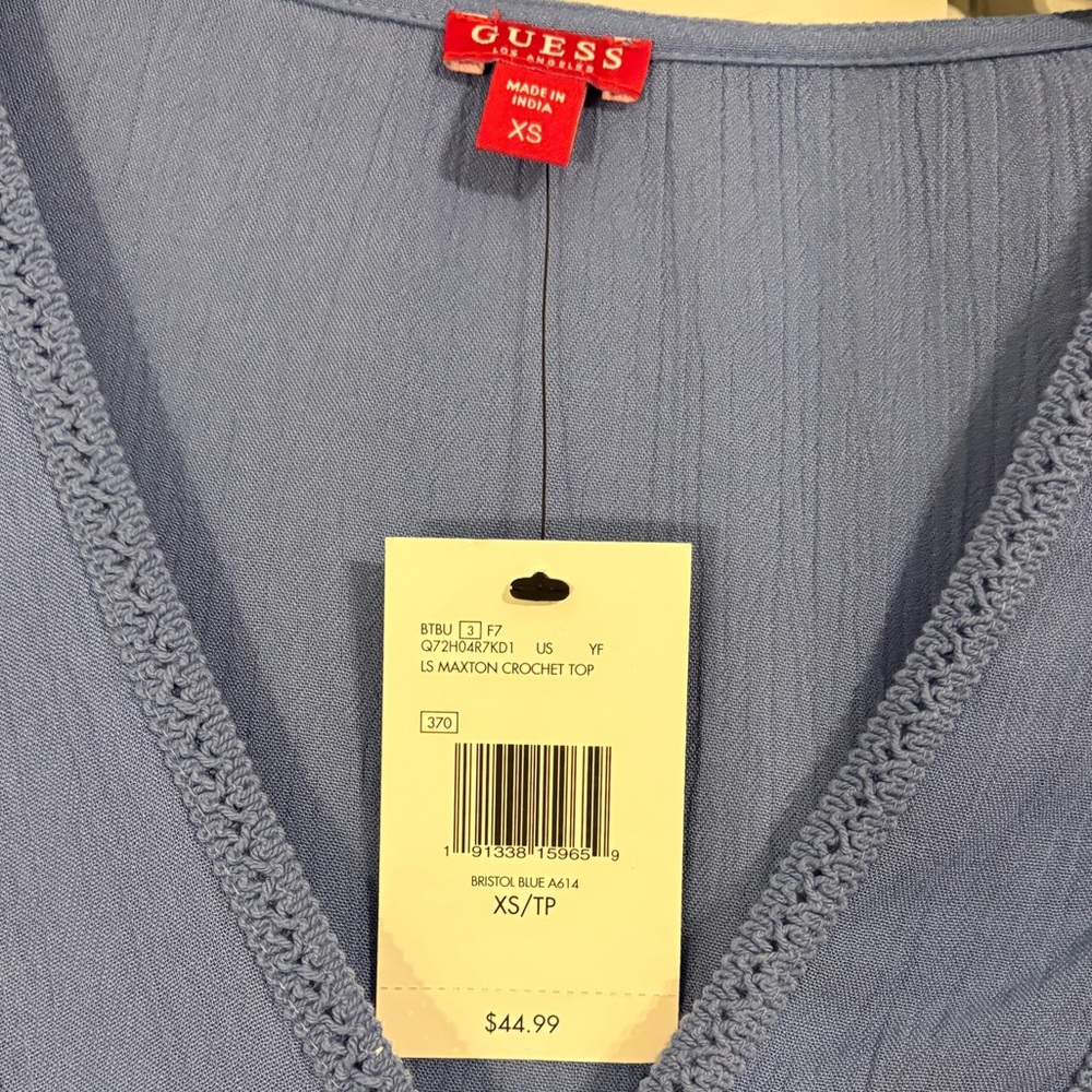 NEW Guess XS Blue Surplice Lace Trim Long Sleeve V Neck Blouse - Picture 4 of 6